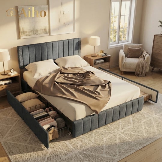 Aiho Queen Bed Frame, Upholstered Platform Bed with Sturdy Metal Frame and 4 Under-Bed Drawers - Dark Gray
