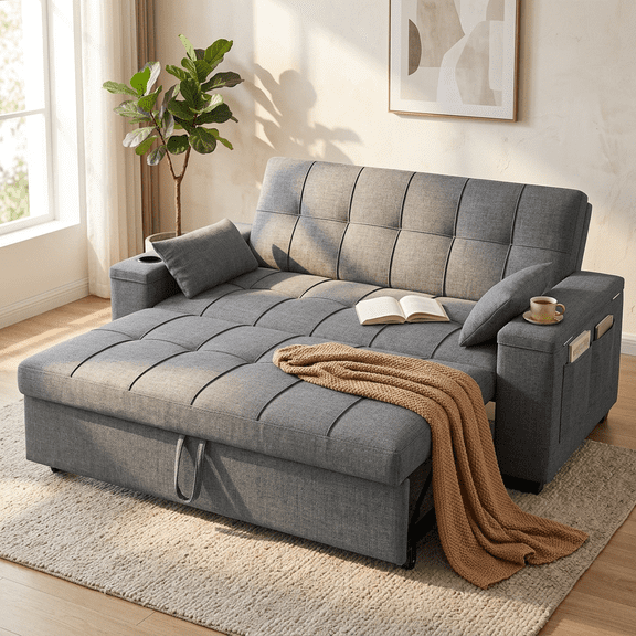 63.2'' 3-in-1 Convertible Futon Sofa Bed – Pull-Out Sleeper Loveseat with Adjustable Backrest, Side Pockets & Storage Armrest – Ideal for Living Room – Dark Grey