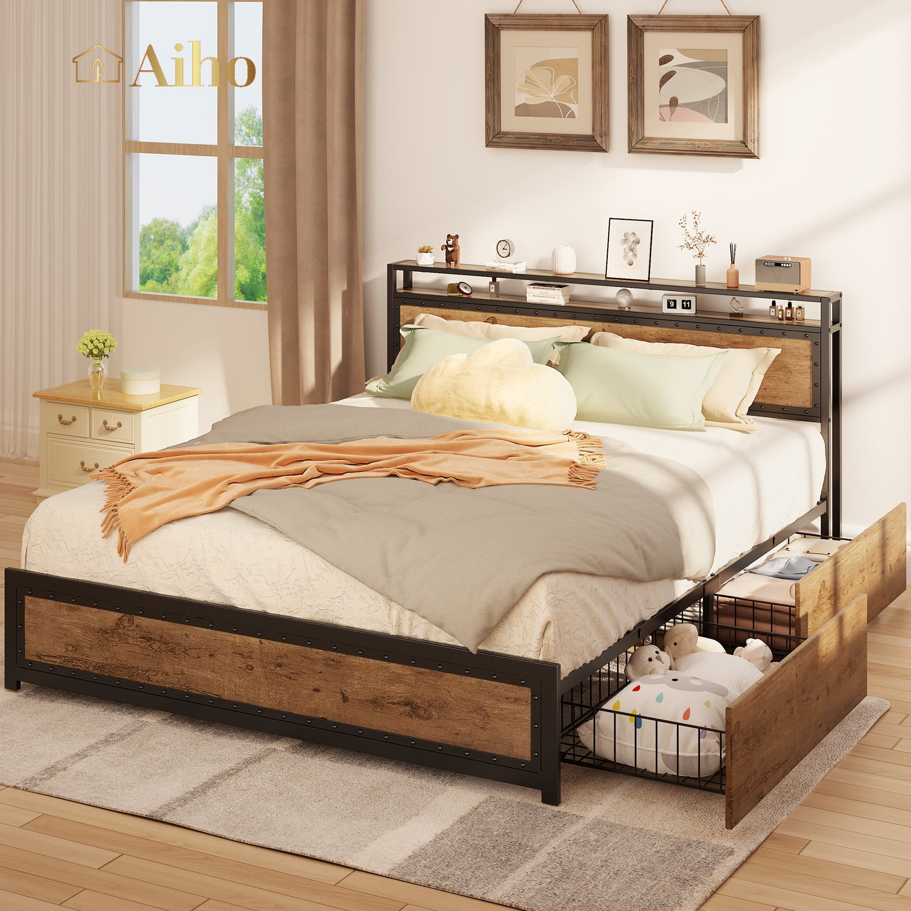 Metal bed discount frame with drawers