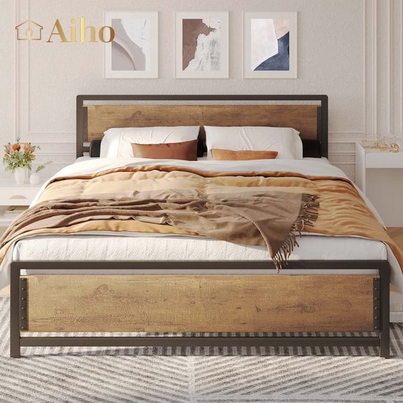 Aiho Queen Size Metal Platform Bed Frame with Square Frame Wooden Headboard&Footboard, 10.8" Under-bed Storage Space - Brown