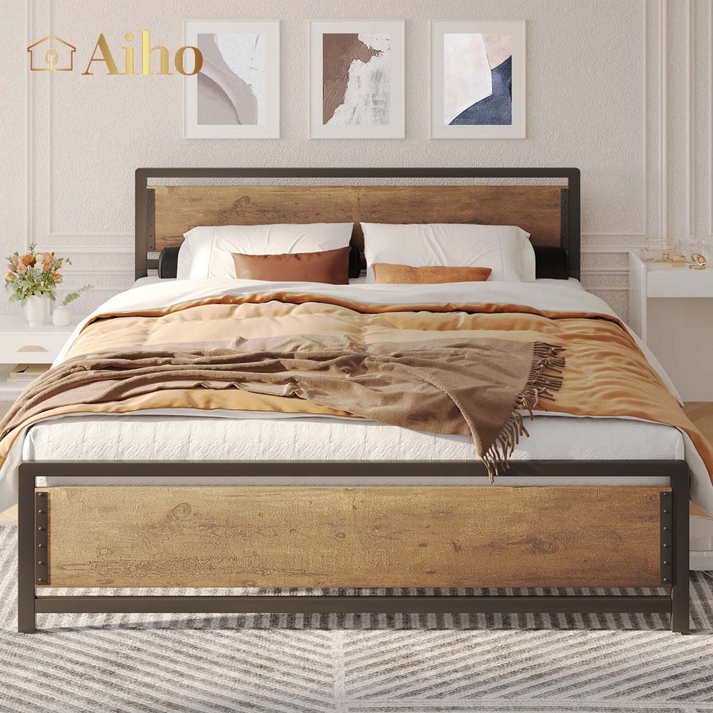 Aiho Queen Dark Gray Metal Bed Frame with Storage Headboard