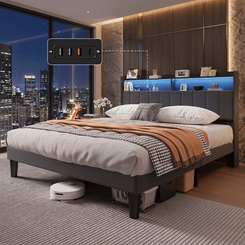 Queen Upholstered Platform Bed Frame with Charging Station & LED Lights – Wingback Headboard, Wood Slat Support, Noise-Free, No Box Spring Needed, Dark Gray
