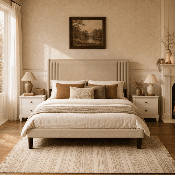 Aiho Queen Size Upholstered Bed Frame with Vertical Stitch Padded Wingback Headboard, 850 LBS Heavy Duty Wooden Slat Support, Box Spring Required,Beige