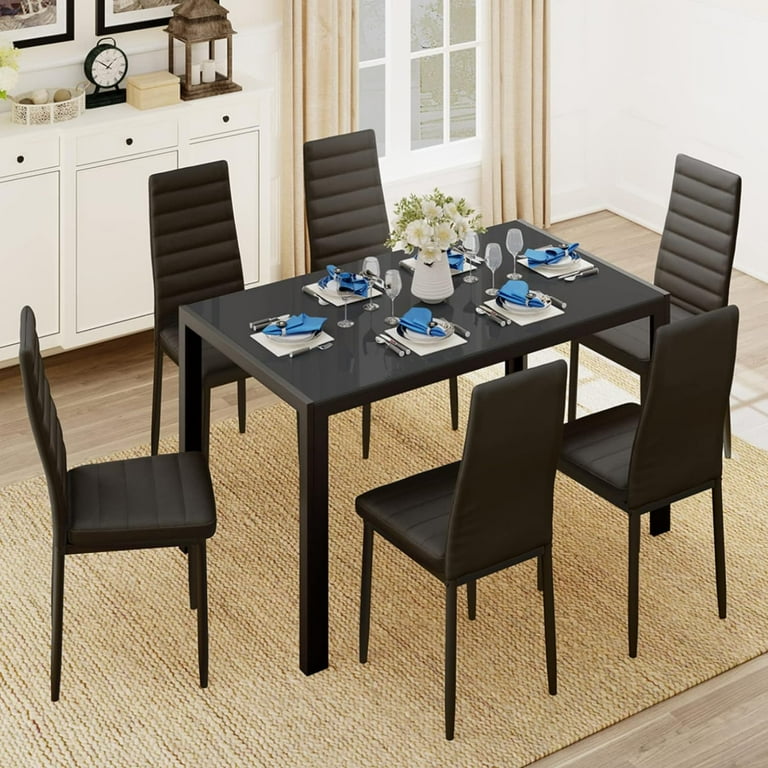 Aiho Rectanglar Kitchen Dining 29.5 H Table Set for 6 for Dining Room Black