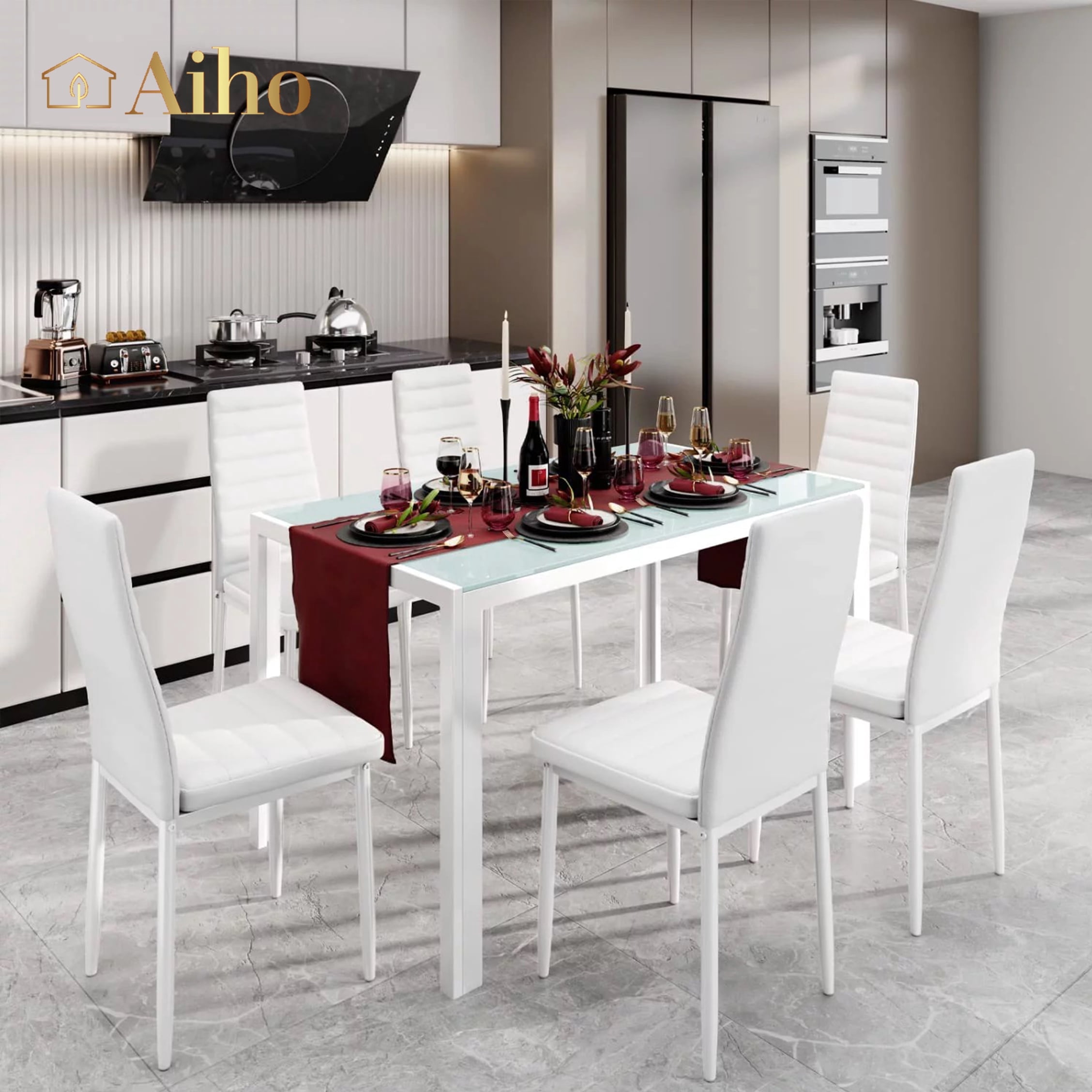 Aiho 6-Seater Modern Dining Table Set with PU Leather Chairs for Kitchen, Small Spaces, White