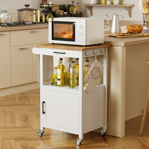 Aiho Rolling Kitchen Island Cart with Storage and Rubber Wood Countertop, White