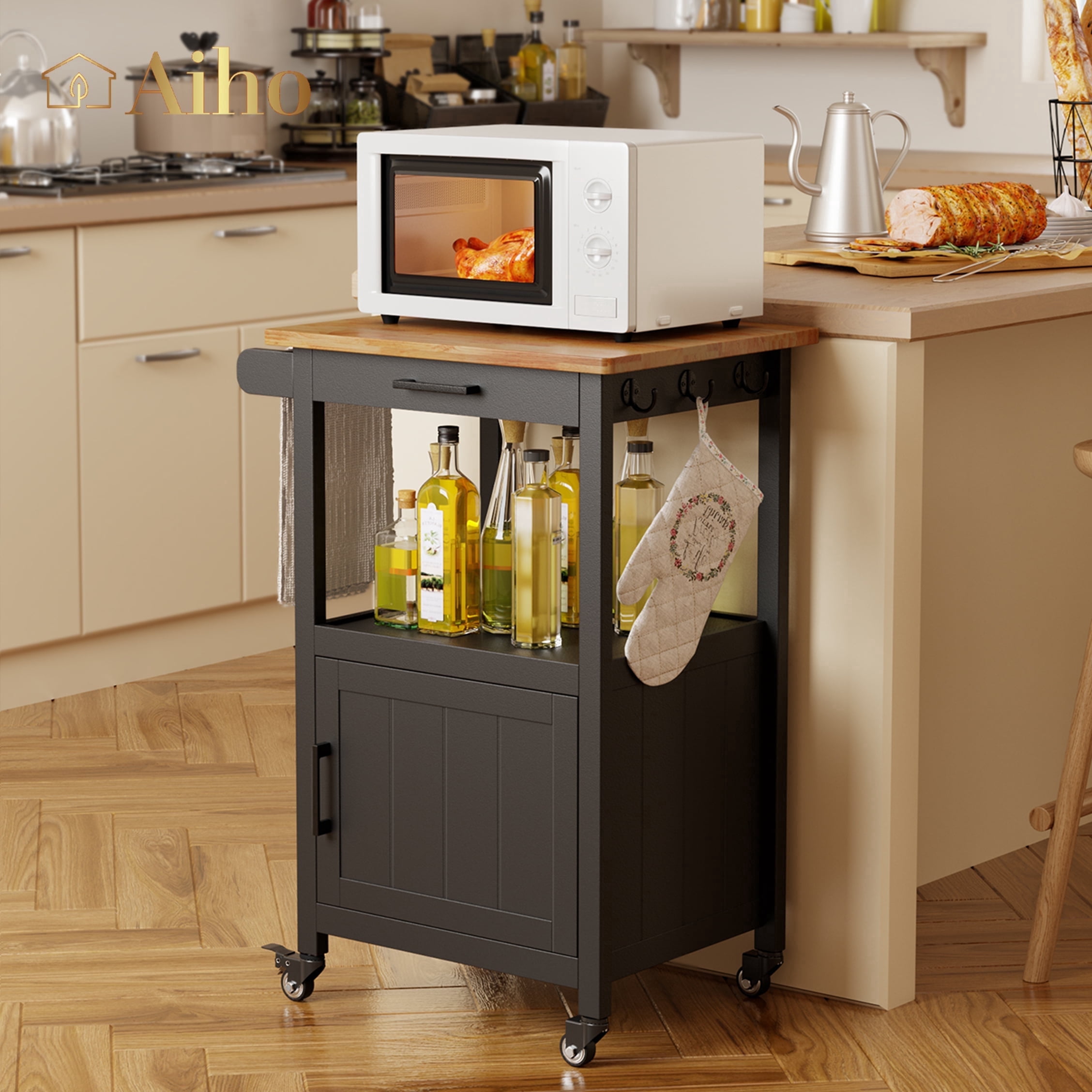 Aiho Rolling Kitchen Island Cart with Storage and Rubber Wood Countertop for kitchen, Black