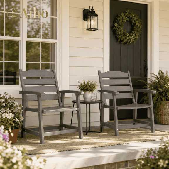 Aiho Set of 2 Oversized HDPE Patio Dining Chairs, All Weather Resistant Outdoor Lounge Chairs for Backyard Garden Porch, Gray