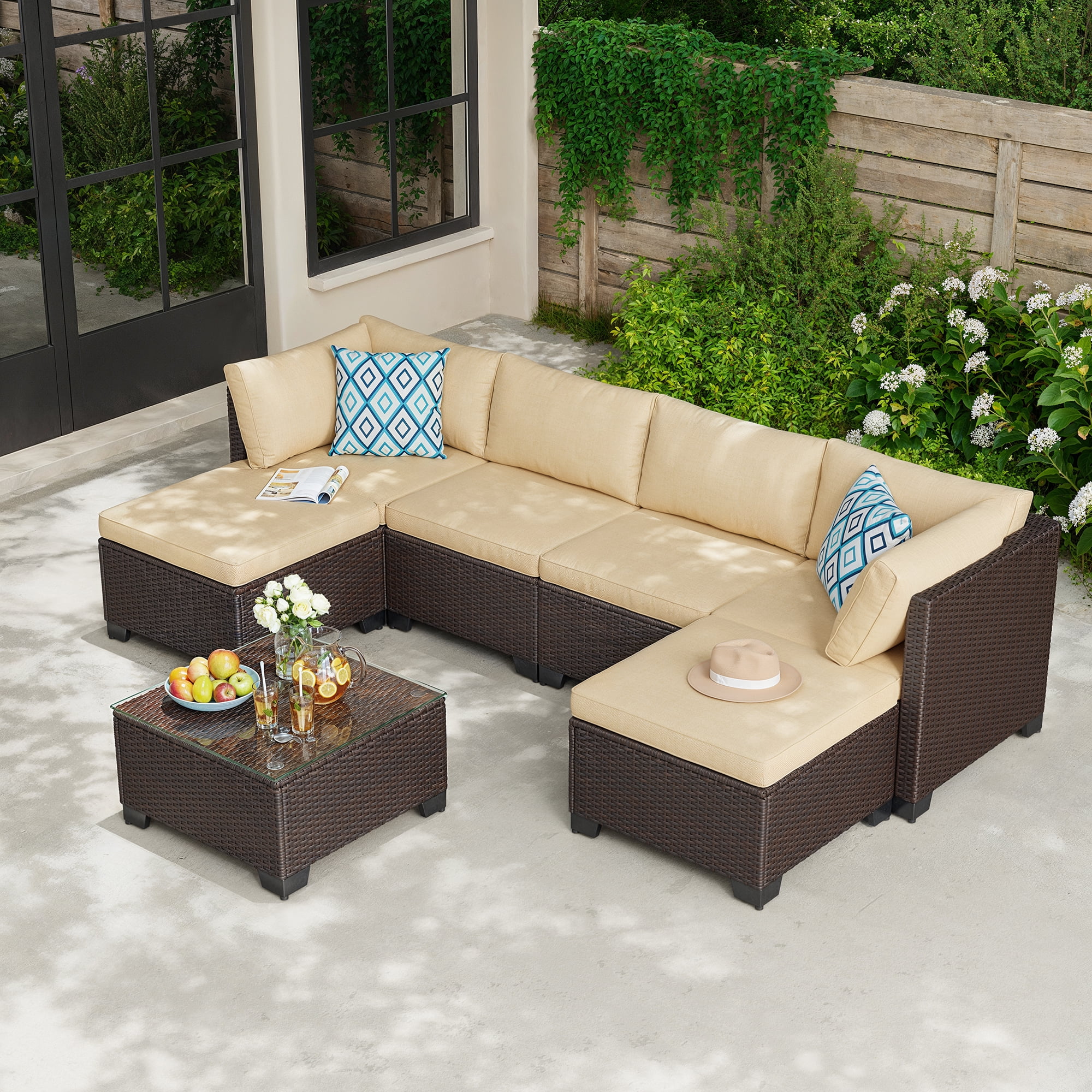 Aiho 7-Piece Outdoor Rattan Sofa Set for 6 with Tempered Glass Table - Patio, Garden & Backyard Furniture, Beige