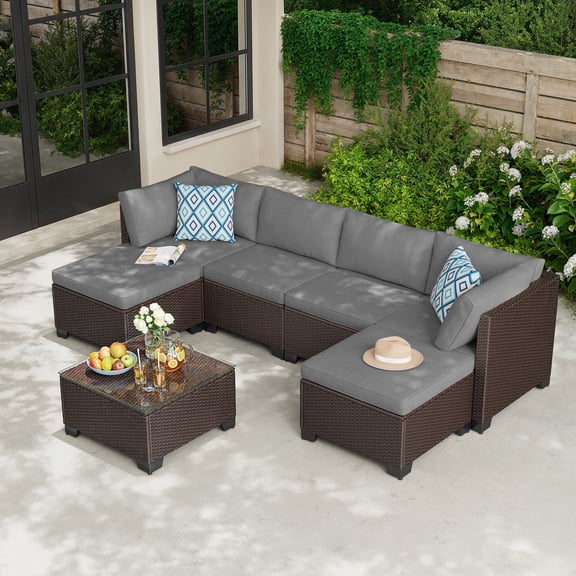 Aiho 7-Piece Outdoor Rattan Sofa Set for 6 with Tempered Glass Table - Patio, Garden & Backyard Furniture, Gray