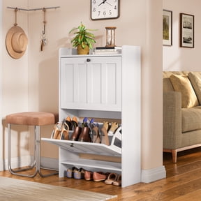 Aiho Shoe Cabinet with 2 Flip-Up Drawers - Freestanding Narrow Storage Rack with Open Shelves, Space-Saving Design for Hallway/Entryway - White