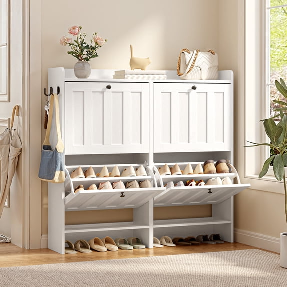 Aiho Shoe Cabinet with 4 Flip-Up Drawers - Freestanding Narrow Storage Rack with Open Shelves, Space-Saving Design for Hallway/Entryway - White