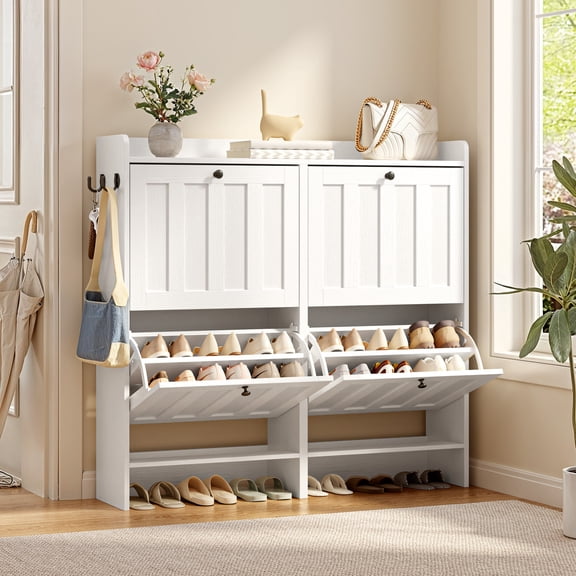 Aiho Shoe Cabinet with 4 Flip-Up Drawers - Freestanding Narrow Storage Rack with Open Shelves, Space-Saving Design for Hallway/Entryway - White