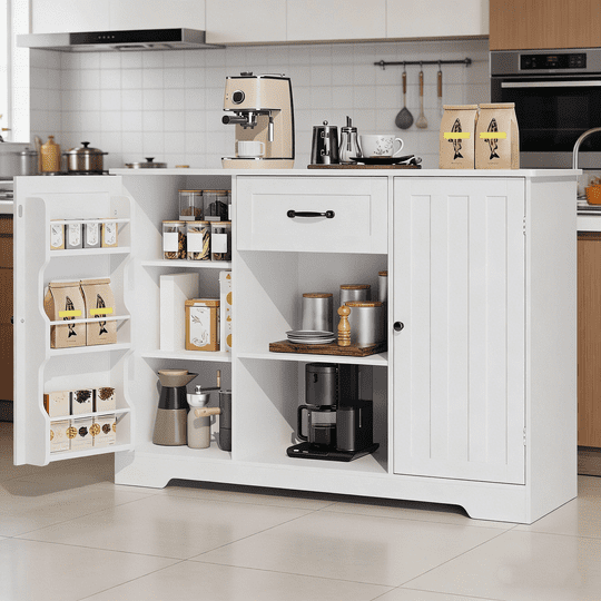 Coffee Bar, Aiho 45" Kitchen Storage Cabinet, Sideboard Buffet Cabinet with 14 Shelves, 1 Drawer - White