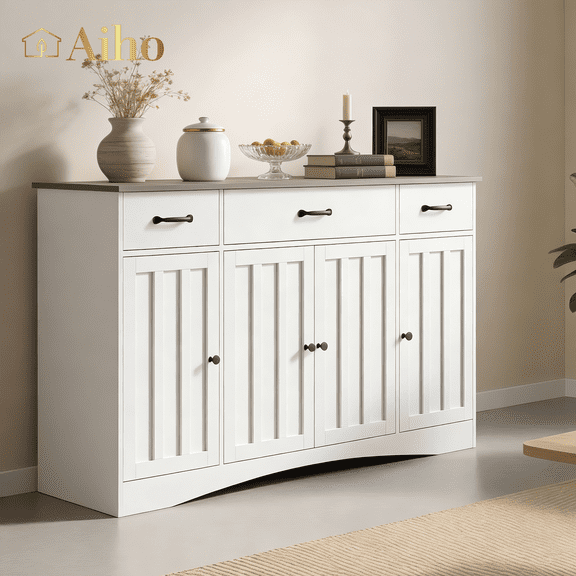 Aiho 55.1" W Sideboard Buffet Cabinet, Modern Wood Kitchen Sideboard with 3 Drawers & 4 Doors, Buffet Table for Kitchen, Dining Room, White and Gray Top