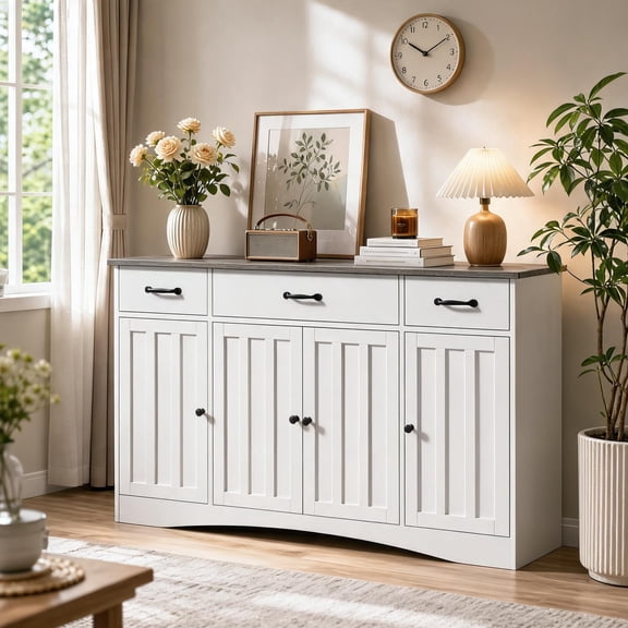 Aiho 55.1" Sideboard Buffet Cabinet with 3 Drawers & 4 Doors, Modern Storage Console for Kitchen, Dining Room, Living Room, White and Gray