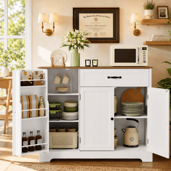 Aiho 55.1" Sideboard Buffet Cabinet with 3 Drawers & 4 Doors, Modern Storage Console for Kitchen, Dining Room, Living Room, White and Brown