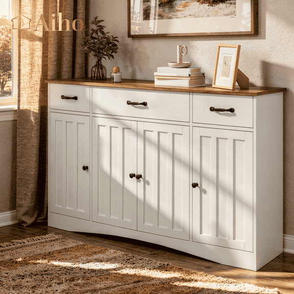 Aiho 55.1" W Sideboard Buffet Cabinet, Modern Wood Kitchen Sideboard with 3 Drawers & 4 Doors, Buffet Table for Kitchen, Dining Room, White and Brown Top