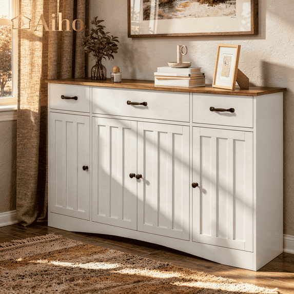 Aiho 55.1" W Sideboard Buffet Cabinet, Modern Wood Kitchen Sideboard with 3 Drawers & 4 Doors, Buffet Table for Kitchen, Dining Room, White and Brown Top