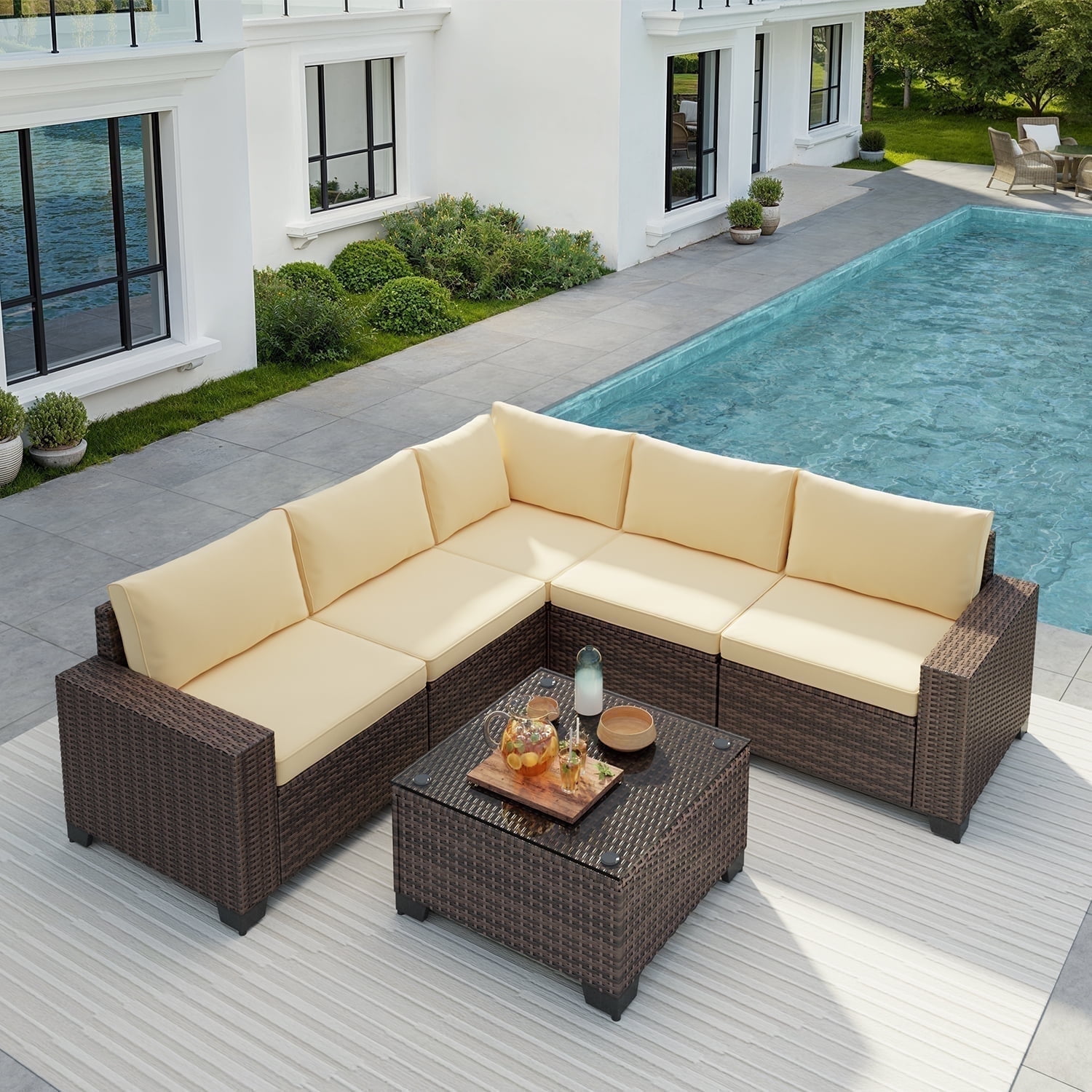 Aiho 6-Piece Outdoor Patio Furniture Set, PE Wicker Rattan Sectional Sofa Conversation Set with Thickened Cushions and Coffee Table for Garden, Backyard, Beige