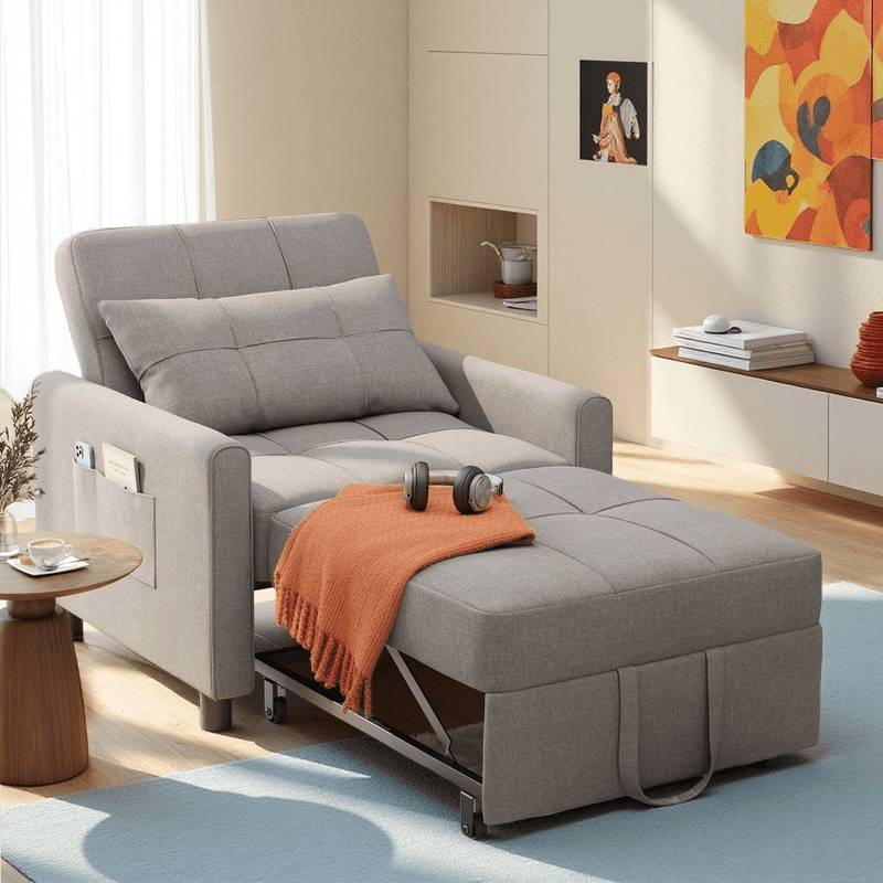 Gray Metal Convertible Sofa Chair Bed with Pillow