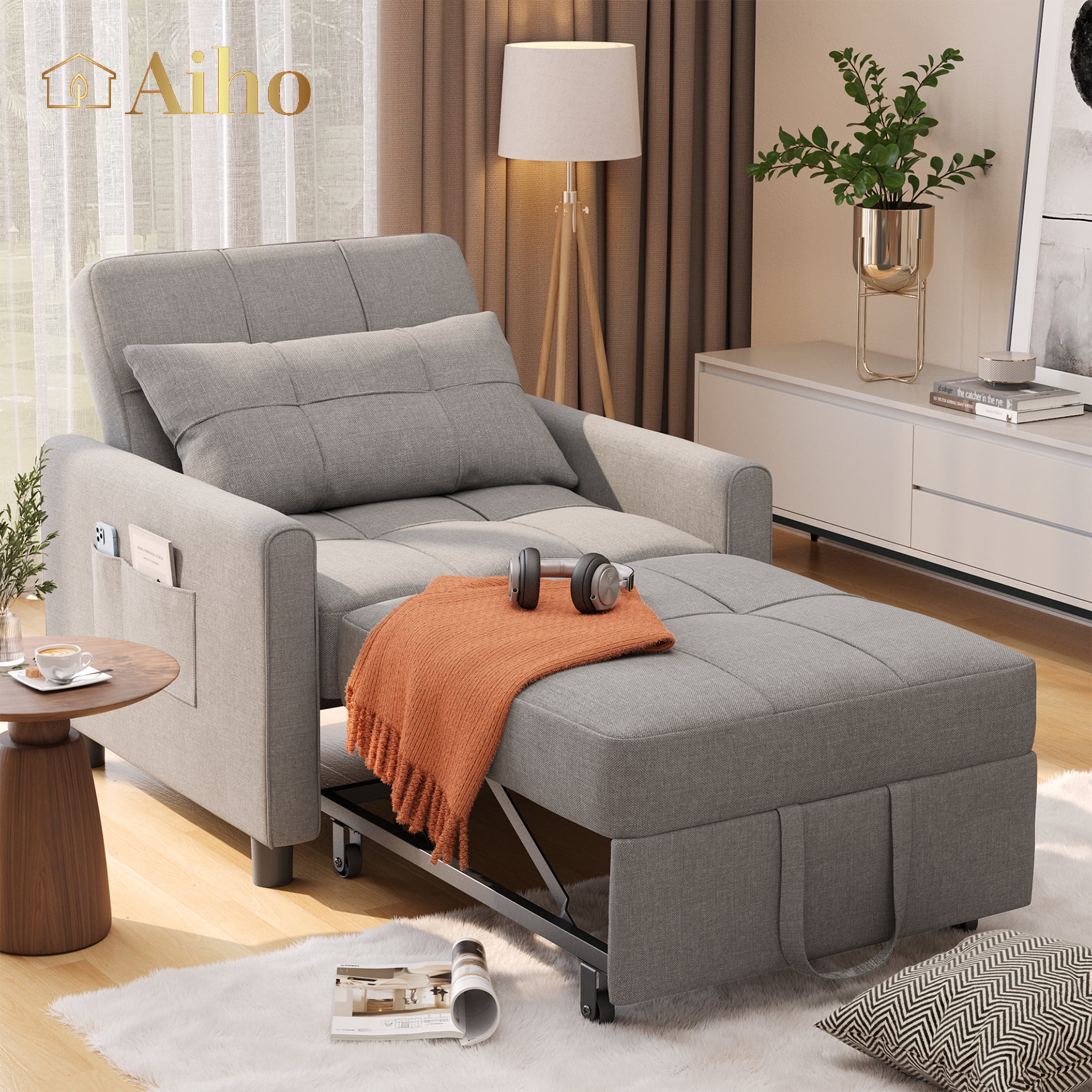 Gray Metal Convertible Sofa Chair Bed with Pillow
