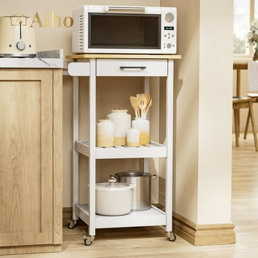 Aiho 21" Kitchen Island Cart with 4 Universal Wheels, Kitchen Storage Cart with 2 Open Shelves, 1 Drawer, Tower Shelf, 3 Side Hooks - White