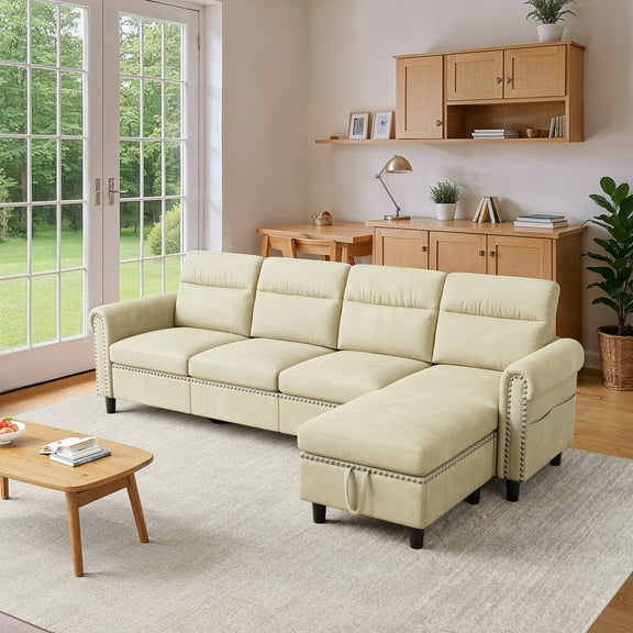 L-Shaped Sectional Sofa with Storage Ottoman and Side Pockets, 4-Seater Faux Suede Couches for Apartments, Living Room,  Beige