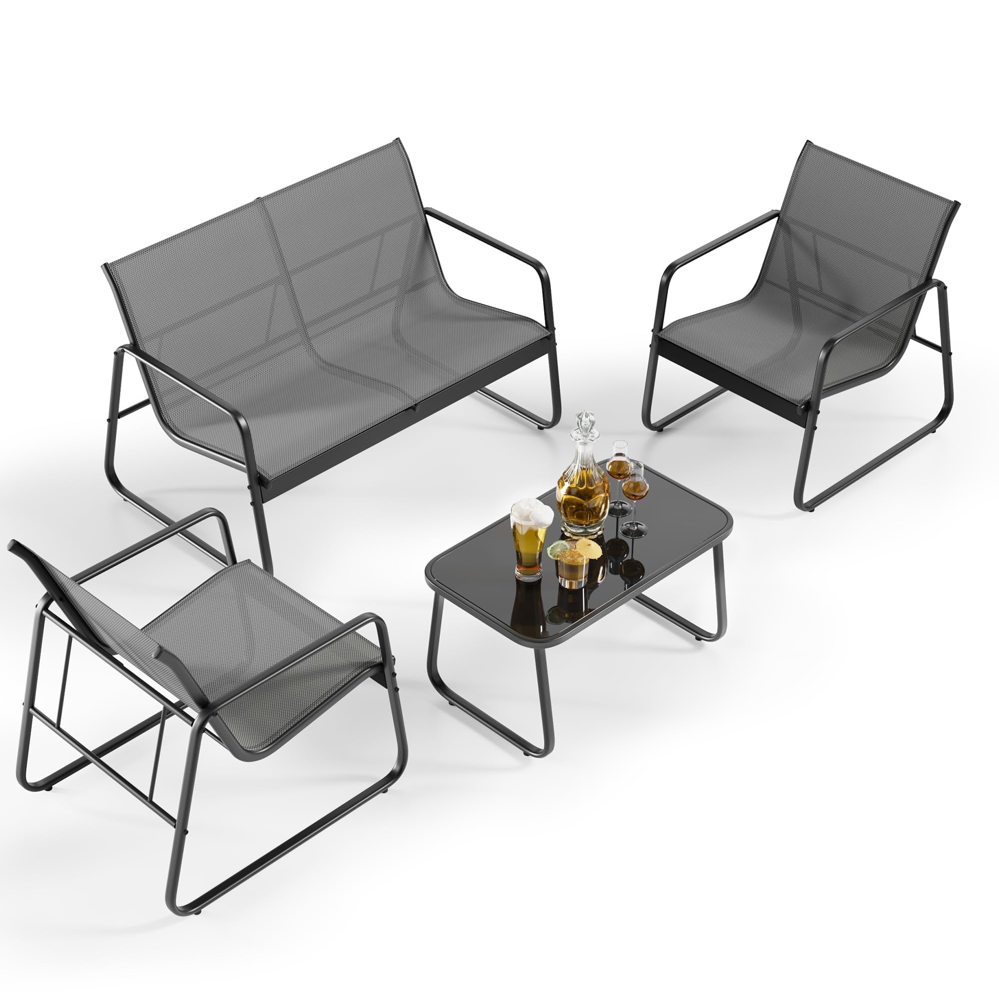 Aiho 4 Pieces Patio Furniture Set Clearance with Glass Coffee Table, Outdoor Textilene Chairs Set for Garden, Backyard -Gray