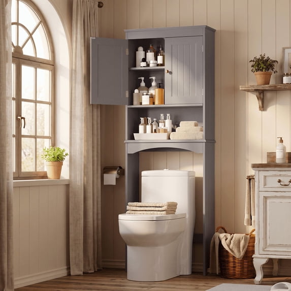 Aiho Tall Over the Toilet Storage Cabinet, Wooden Rack with Adjustable Shelf & Double Doors-Gray