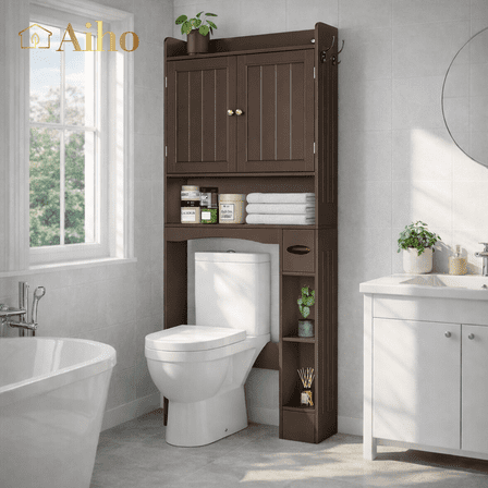 Aiho Over the Toilet Storage Cabinet, Space Saver Bathroom Organizer Above the Toilet with Adjustable Shelves & 2 Side Hooks, Perfect for Bathroom, Laundry, Dark Brown