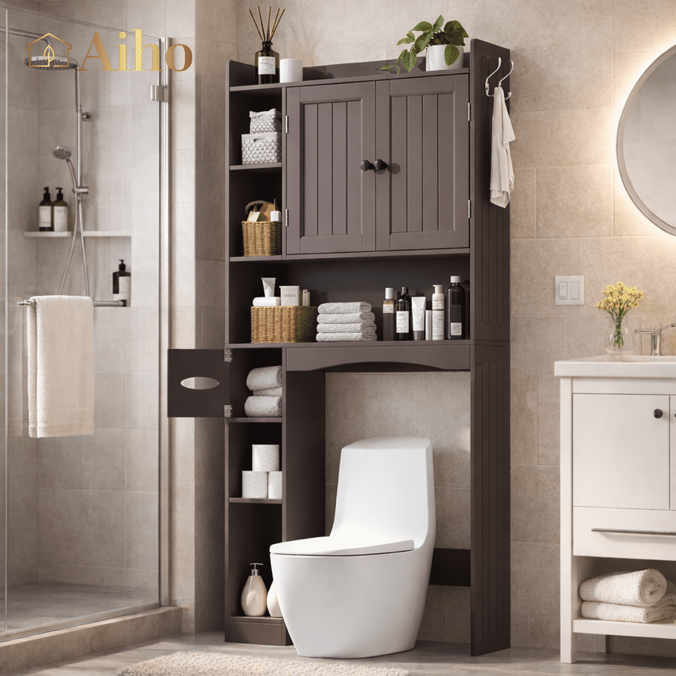Over the Toilet Storage Cabinet, Aiho 66" H Bathroom Space-Saving Organizer Above Toilet with 2 Doors & Adjustable Shlef, Perfect for Bathroom, Laundry, Dark Brown