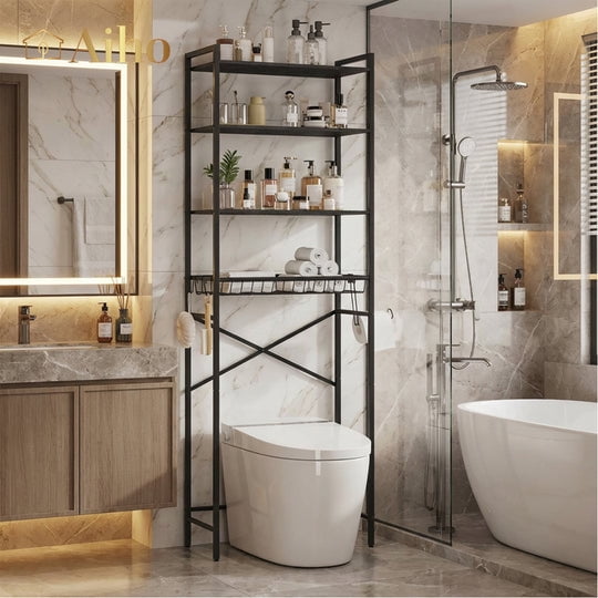 Aiho Over The Toilet Storage Shelf, 4-Tier Freestanding Bathroom Organizers and Storage, above Toilet Space Saver Rack with Adjustable Leg Pads, Toilet Paper Holder and 3-Hooks - Black