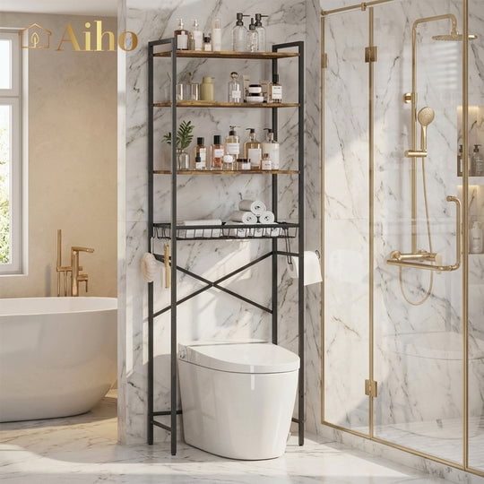 Aiho Over The Toilet Storage Shelf, 4-Tier Freestanding Bathroom Organizers and Storage, above Toilet Space Saver Rack with Adjustable Leg Pads, Toilet Paper Holder and 3-Hooks - Rustic Brown