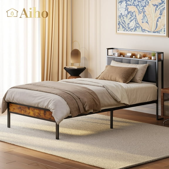 Aiho Twin Bed Frame Storage Headboard, Metal Platform Bed for Bedroom, Dark Grey
