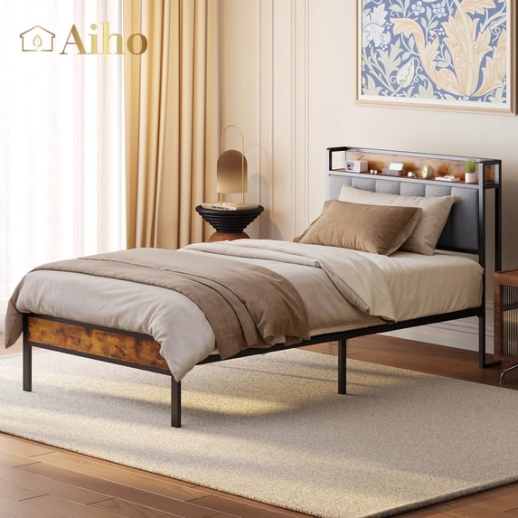 Aiho Twin Bed Frame Storage Headboard, Metal Platform Bed for Bedroom,Light Grey