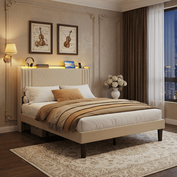 Queen Bed Frame Storage Headboard, Metal Platform Bed with Charging Station and LED Lights,Upholstered Wingback Platform Bed with Wooden Slats,Noise-Free,No Box Spring Needed,Bedroom