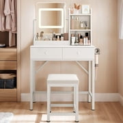 Makeup Vanity Desk with LED Mirror, 31.5  Vanity Table with 2 Drawers & Storage Shelves, White