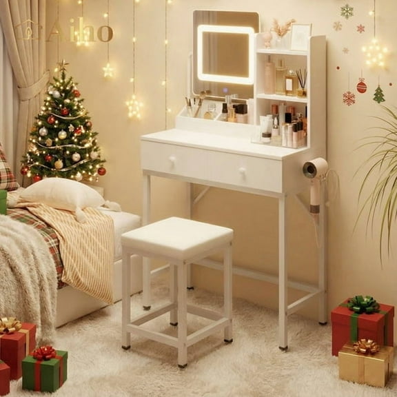 Aiho Dressing Table, Get Ready with Me GRWM 2-Piece Vanity and Stool with Lighted Mirror, 31.5" Makeup Vanity with 3 Color Lights - White
