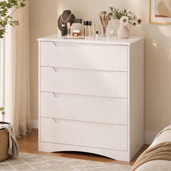 4 Drawer Dresser for Bedroom, Tall Storage Cabinet with Anti-Tip Device & Smooth Rails, Modern Chest of Drawers with Deep Drawers, Waterproof Board, White