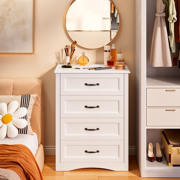 4 Drawer Dresser for Bedroom, Wooden Chest of Drawers with Sleek Metal Handles for Living Room & Bedroom - White