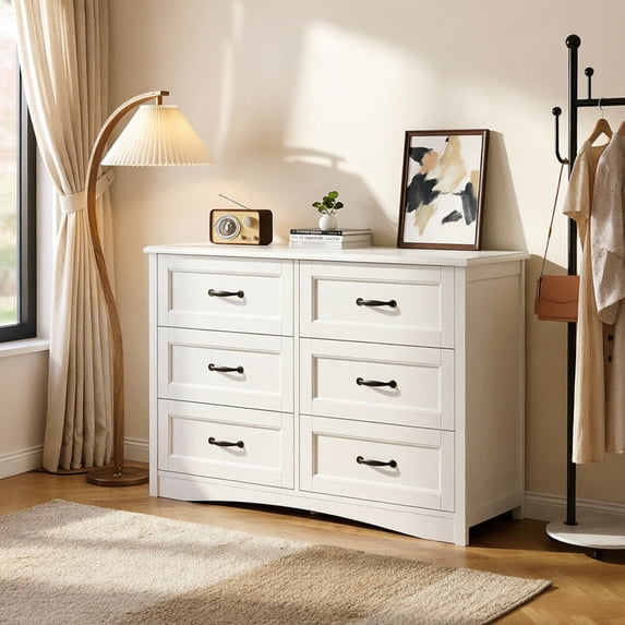 Dresser for Bedroom, 6 Drawer Dresser with Metal Handles, Modern Chest of Drawers for Living Room, Hallway, Bedroom Furniture, White
