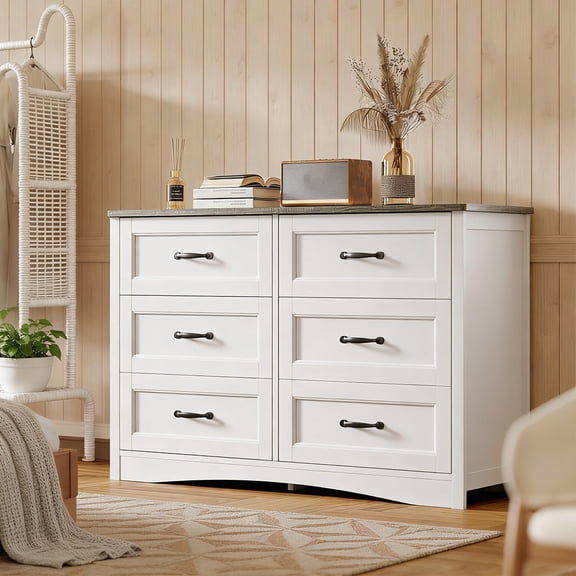6 Drawer Double Dresser, Modern Wood Double Chest of Drawers, Anti-Tip Safety, Premium Paint, Gray&White