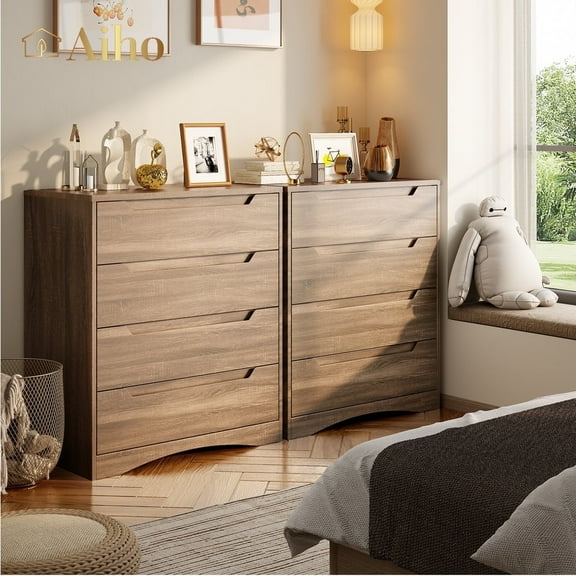 Aiho Dresser with 4 Drawers, Wood Tall Chest, Built-in Handle Drawers for Bedroom, Home, Living Room, Hallway - Brown
