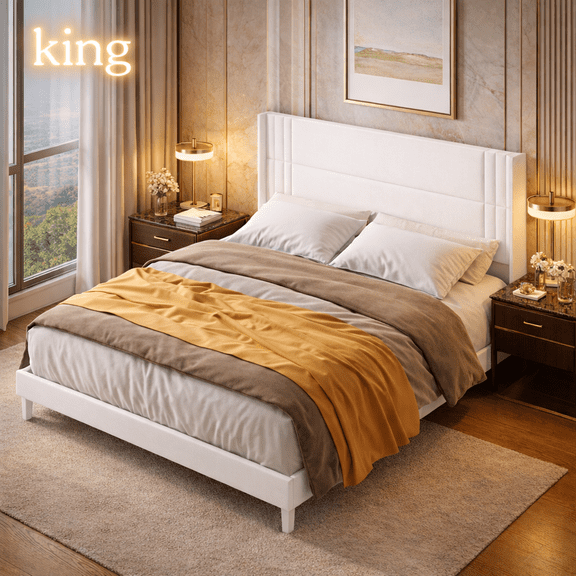 Aiho Wingback Bed Frame - King Platform Bed with Storage & Upholstered Headboard, Beige