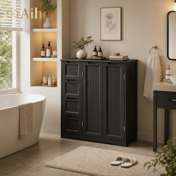 Aiho Wooden Bathroom Floor Cabinet, Side Storage Organizer with 1 Cupboard & 4 Drawers, Best Gifts for Bathroom, Living Room, Kitchen, Black