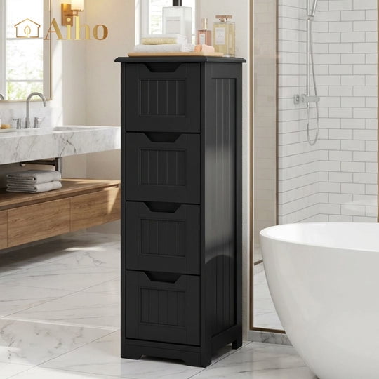 Aiho Wooden Bathroom Floor Cabinet, Side Storage Organizer with 4 Drawers - Black
