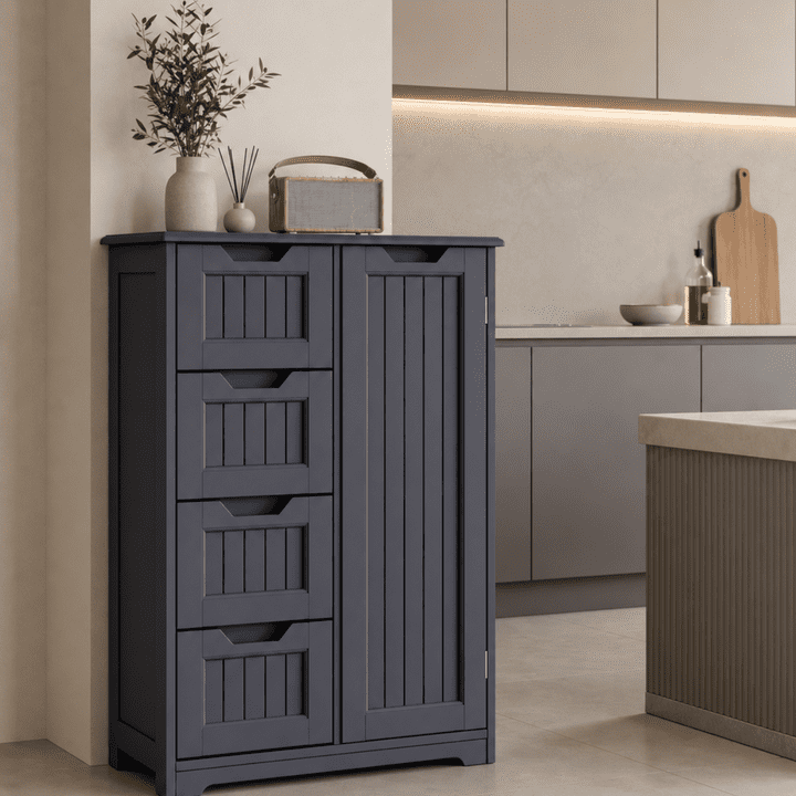 Aiho Wooden Kitchen Pantry Cabinet, 31.5"L Kitchen Storage Cabinets with 4 Drawers, 1 Door and Adjustable Shelves, For Kicchen, Dining Room, Livingroom, Bathroom - Gray