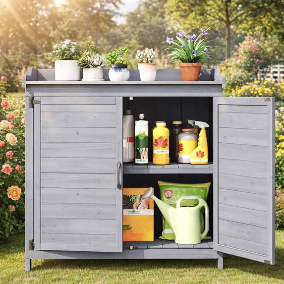 Weatherproof Wooden Storage Cabinet with Metal Tabletop - Outdoor Potting Bench, Garden Work Table with Adjustable Shelf & Double Doors for Backyard, Patio, Lawn in Gray