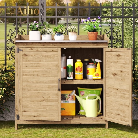 Weatherproof Wooden Storage Cabinet with Metal Tabletop - Outdoor Potting Bench, Garden Work Table with Adjustable Shelf & Double Doors for Backyard, Patio, Lawn in Natural